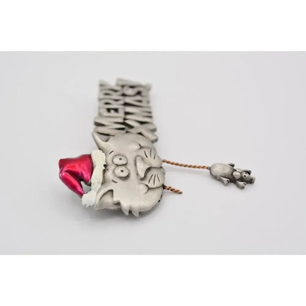 JJ Vintage Christmas Cat Mouse Pin Brooch Merry Santa Enamel Signed 1980s BinAT